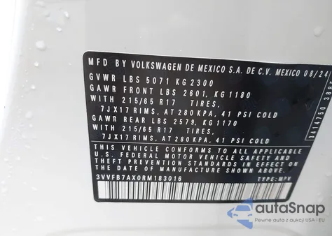 2024 Volkswagen Tiguan 2.0T S из США, поврежденный, VIN 3VVFB7AX0RM183016